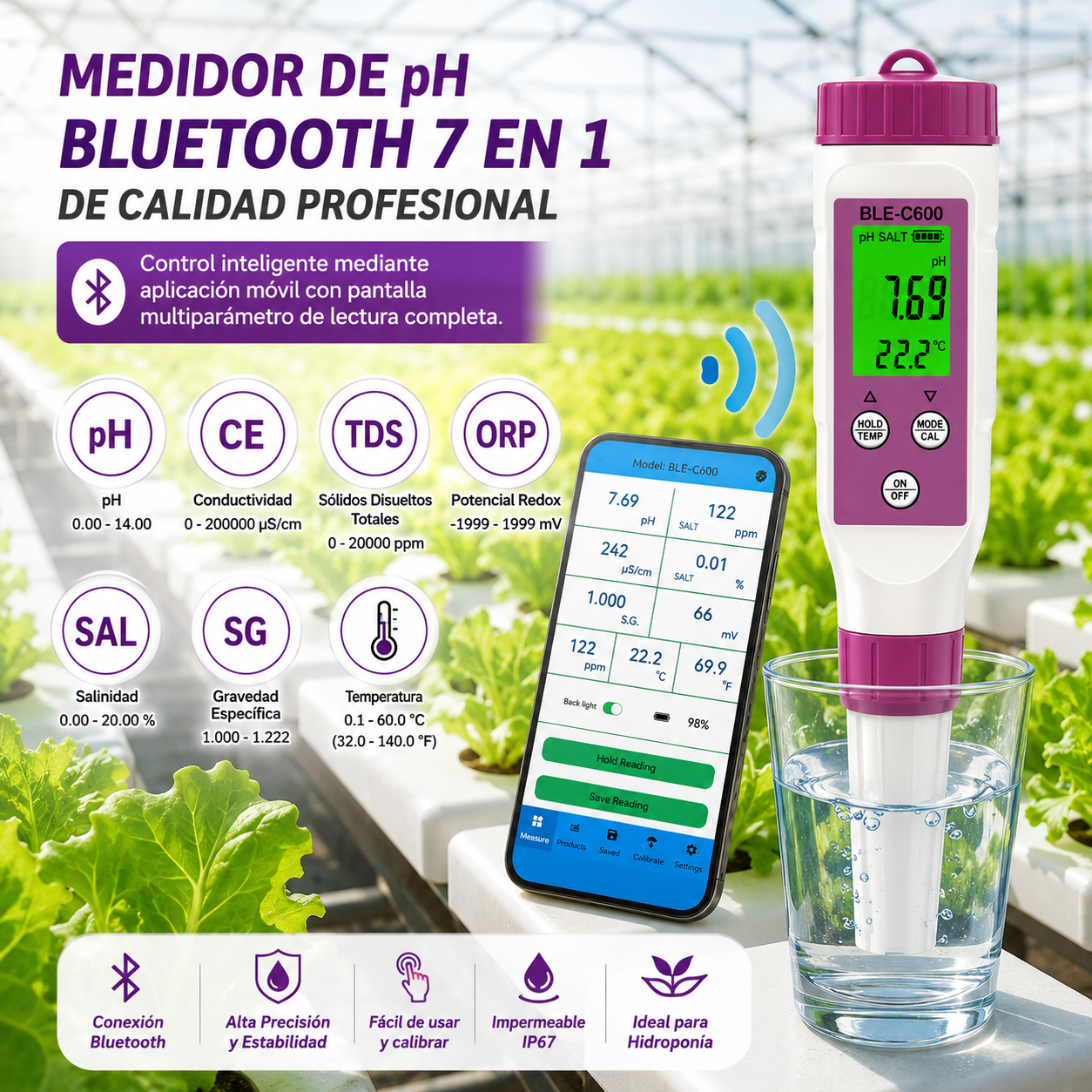 Medidor de pH bluetooth 7 en 1 BLE-C600