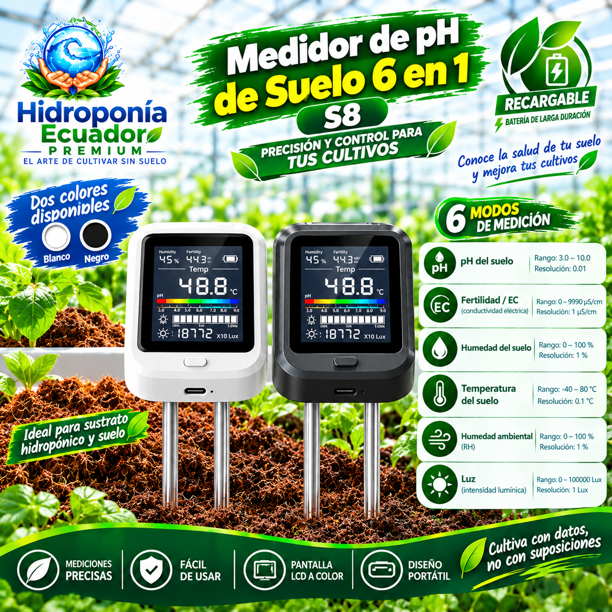 Medidor de pH de suelo 6 en 1 recargable S8
